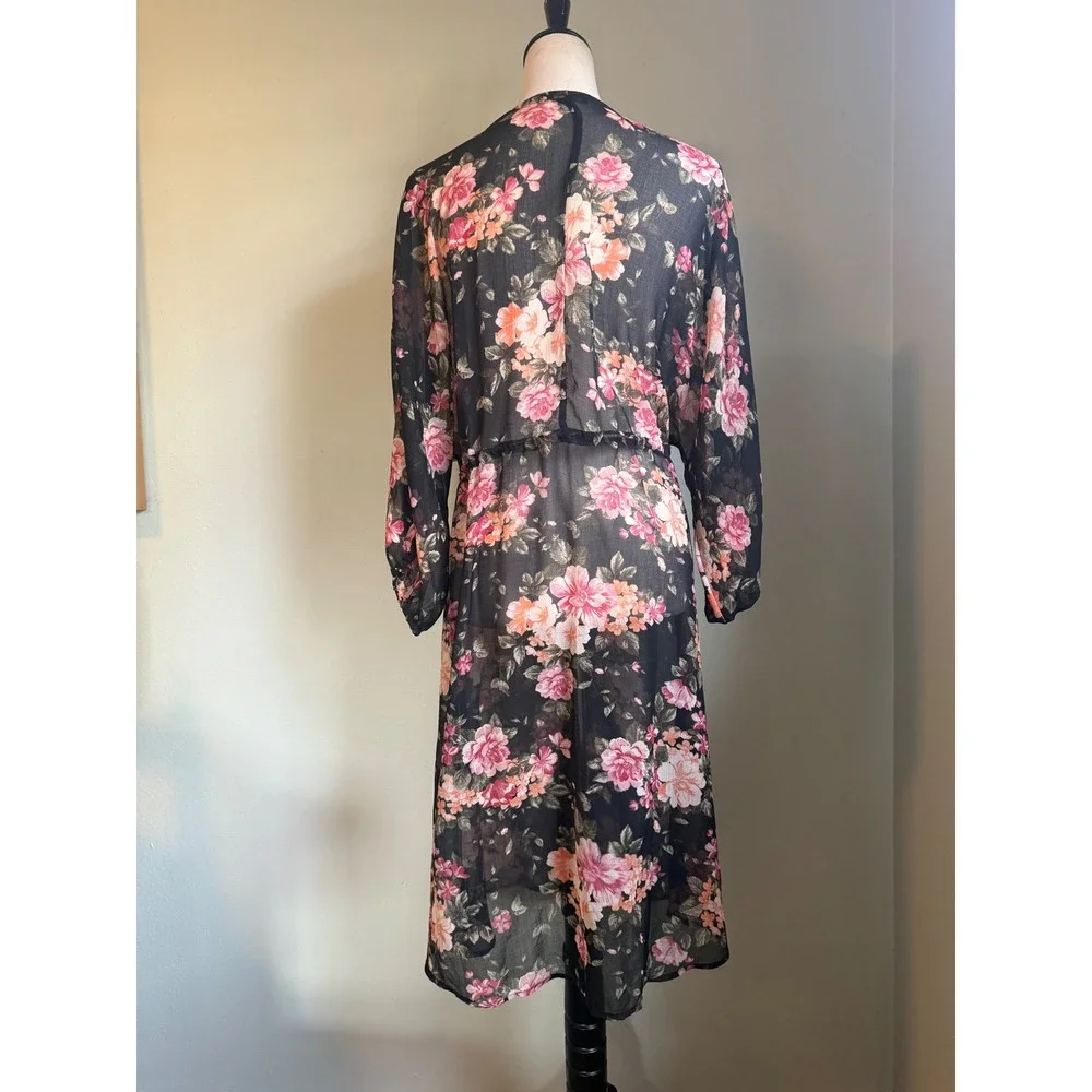 AmericanEagle Floral Kimono Duster Black Pink Sheer whimsigoth Coverup XS S boho